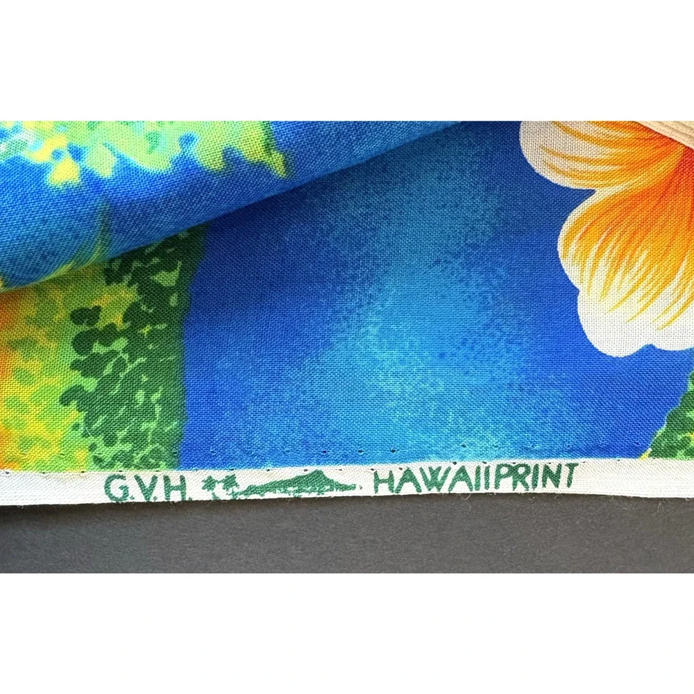 3.3 Yards Vintage‎ GVH Hawaii Print Fabric Tropical Floral Hibiscus Blue Orange